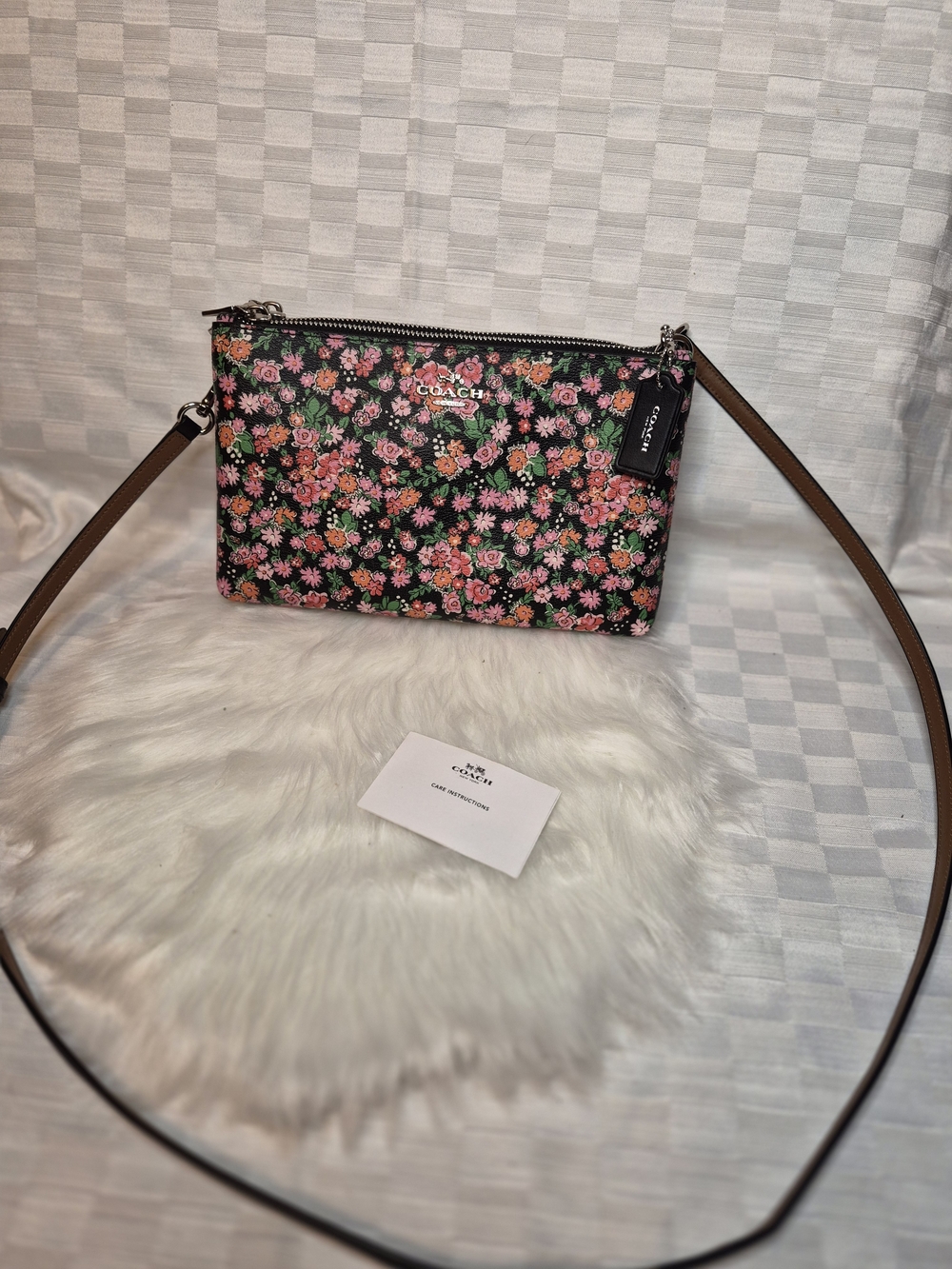 Coach Black Floral Crossbody Bag with Pink & Green Accents
